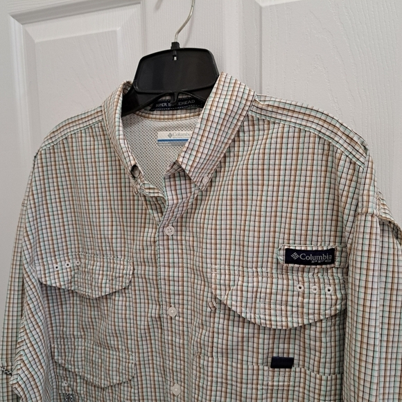 Columbia Sportswear PFG Shirt Men's Large White Tan Green Check Fishing Gear - Picture 12 of 14